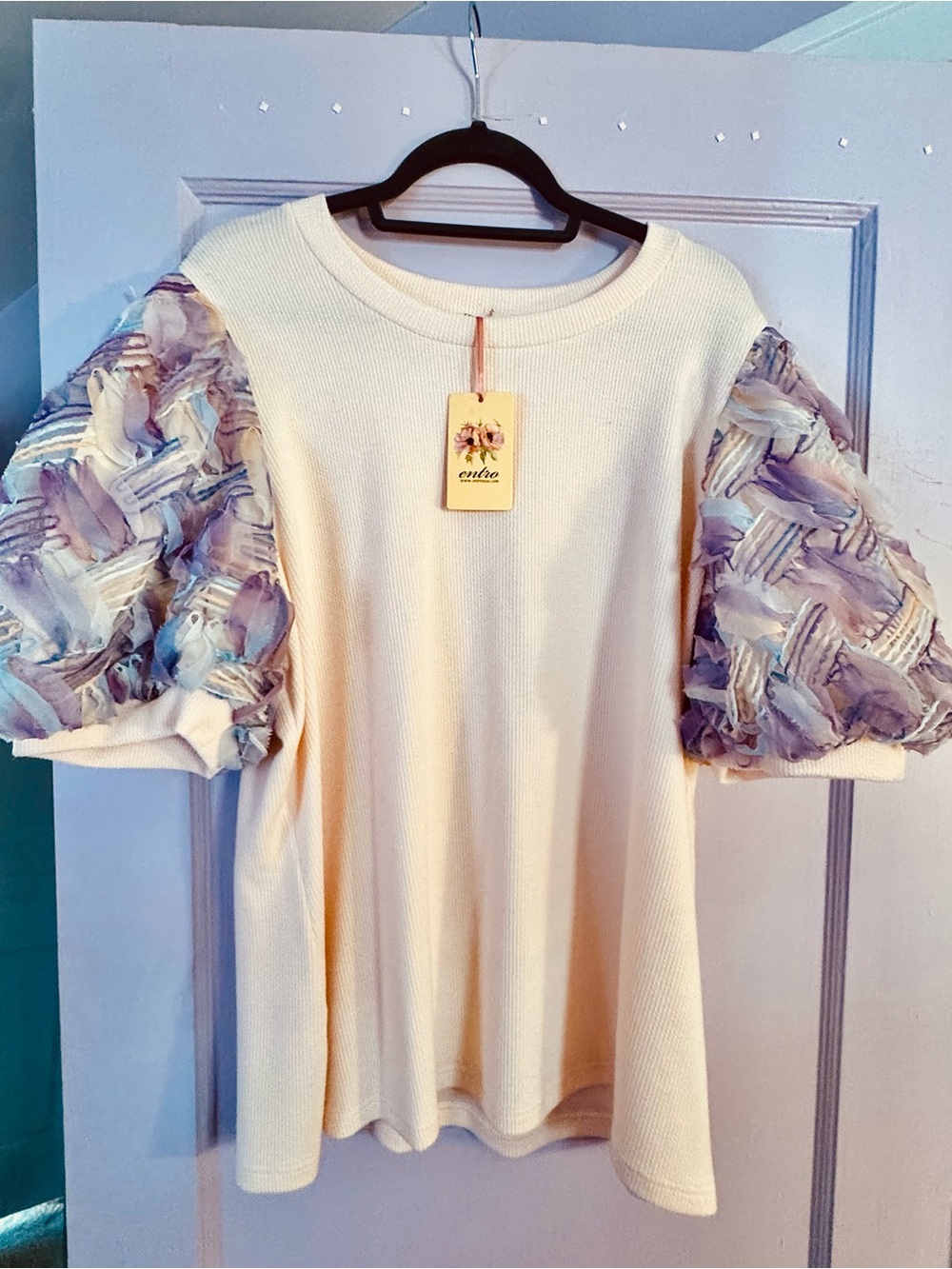 Cream Knit Top with Lavender Puff Sleeves